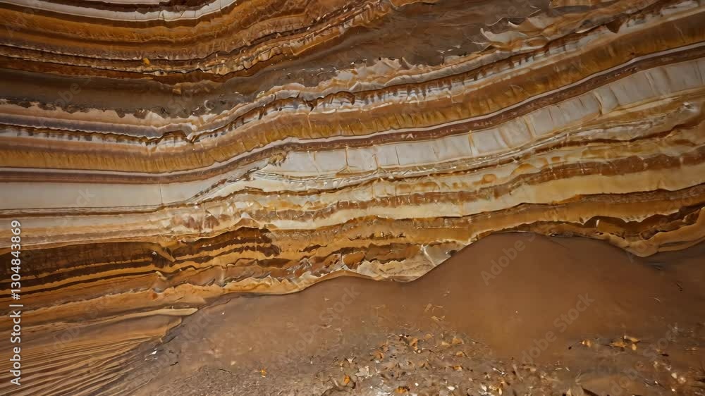 Poster cascading water streaming over layered sedimentary rock, exposing intricate geological patterns with