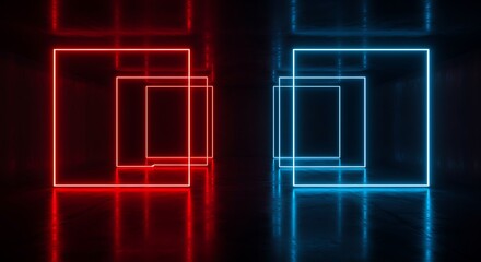An abstract background with 3D neon lights, featuring a sequence of red and blue lines, glowing arrows, holographic technology, a virtual reality space, the ultraviolet spectrum, and a laser show