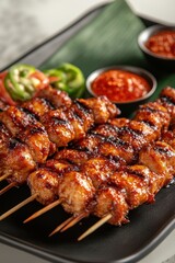 Delicious chicken satay skewers with spicy chili sauce and fresh jalapeno slices on a black plate appetizing food photography