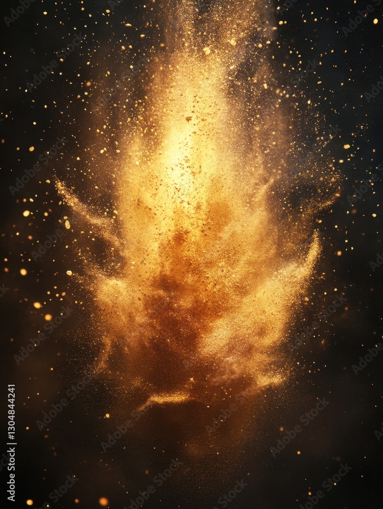 Poster ethereal golden dust explosion on dark backdrop creating a magical and captivating visual effect for