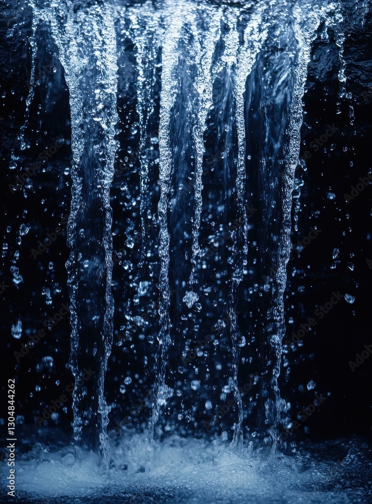 Poster cascading waterfall with shimmering drops and dark background creating a tranquil and refreshing atm
