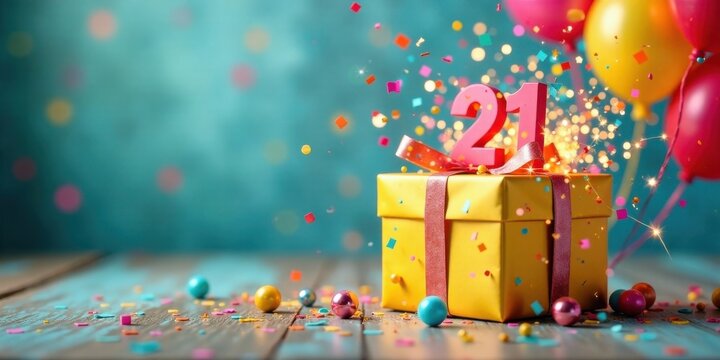 Celebration of a Milestone A Festive Gift Box with Sparkling Confetti and Balloons Surrounding a Number Twenty-One - Powered by Adobe