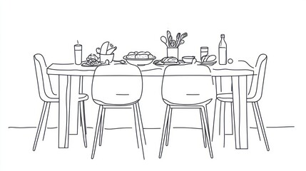 Simple line drawing of a dining table with chairs and food. Possible use Stock photo for restaurant design, interior design, or illustration