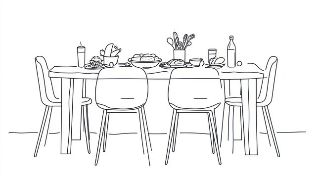 Simple line drawing of a dining table with chairs and food. Possible use Stock photo for restaurant design, interior design, or illustration