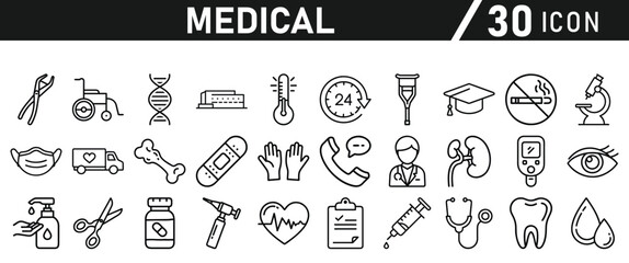 Healthcare vector icon set. Contains Healthcare And Medicine, Doctor, Telemedicine, Medical Exam, Electrocardiography, First Aid, Ambulance. Vector illustration