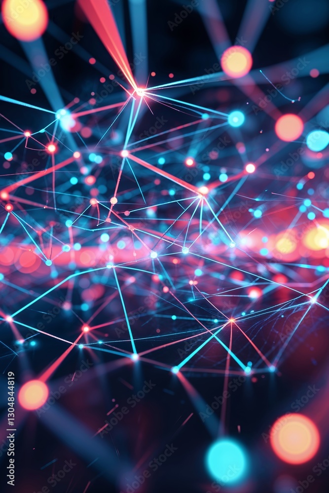 Poster digital network visualization with connected nodes during nighttime