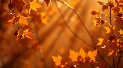 Obraz premium Autumn leaves illuminated by warm sunlight, creating a serene, golden atmosphere with vibrant orange, yellow, and red hues