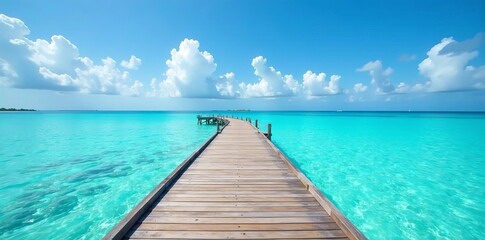 A wooden jetty extending into the tranquil turquoise waters of the blue lagoon, tranquil, pier, serene