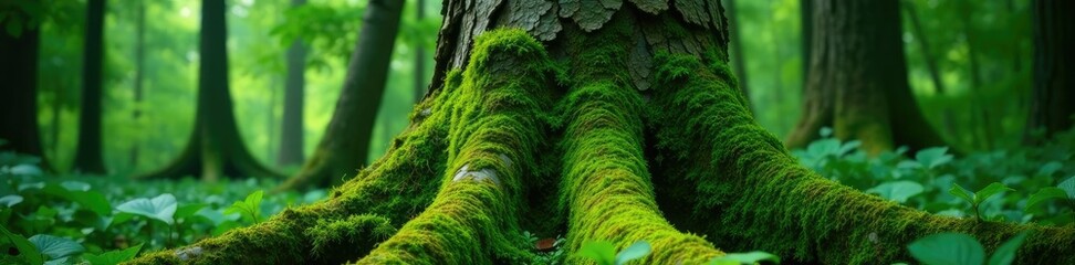 Lush green moss covers the trunk of a tall tree in dense rainforest, nature, moss