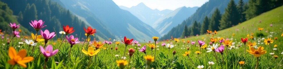 Obraz premium Beautiful alpine meadow with columbine flowers blooming, mountains, scenic
