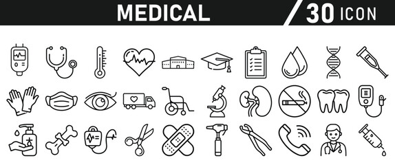 Healthcare vector icon set. Contains Healthcare And Medicine, Doctor, Telemedicine, Medical Exam, Electrocardiography, First Aid, Ambulance. Vector illustration