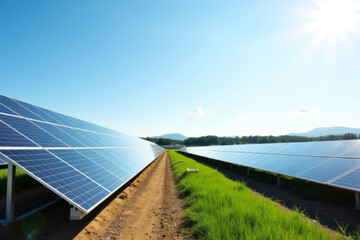 Large solar farm with reflective panels under bright sunlight, renewable energy concept  .