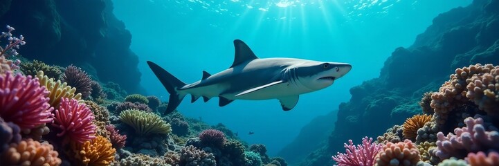 Black tip reef shark gracefully gliding through coral reef, marine wildlife, coral reef, swim