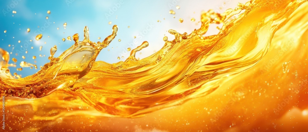 Poster dynamic splash of golden liquid against a bright sky background creating a refreshing and energetic 