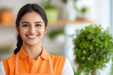 professional cleaners in orange uniforms, smiling and working in a spacious, modern office with green indoor plants