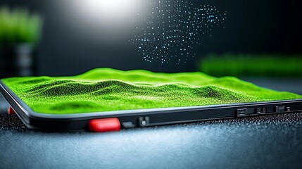 A futuristic tablet displaying a vibrant green landscape with digital elements in a modern setting