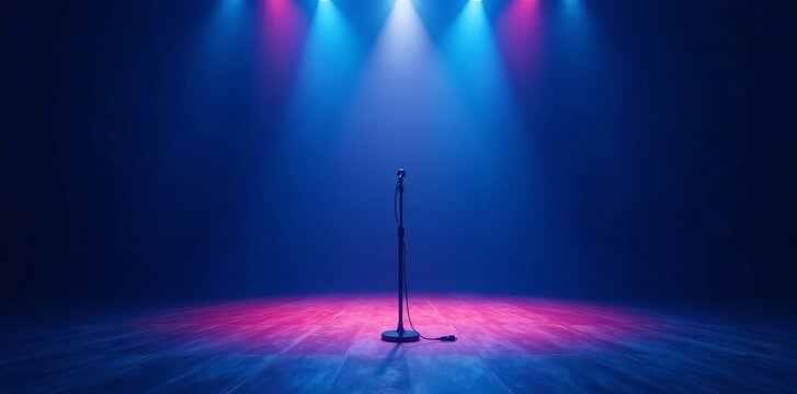 Blue spotlight shining on empty concert stage with microphone stand, spotlight, empty, concert