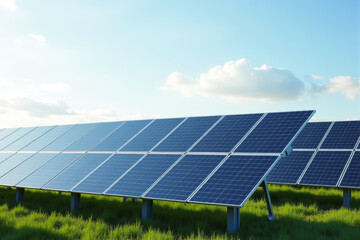 Large solar farm with reflective panels under bright sunlight, renewable energy concept  .