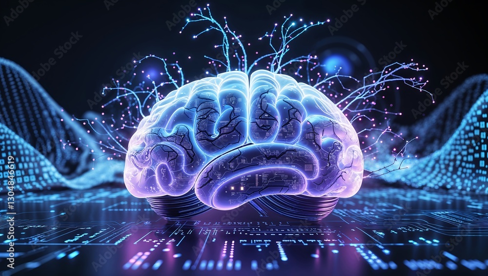 Poster futuristic ai brain with neural networks and digital data visualization