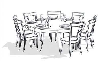 Round dining table with chairs, simple sketch, interior scene, illustration, food, home decor, dining room, design
