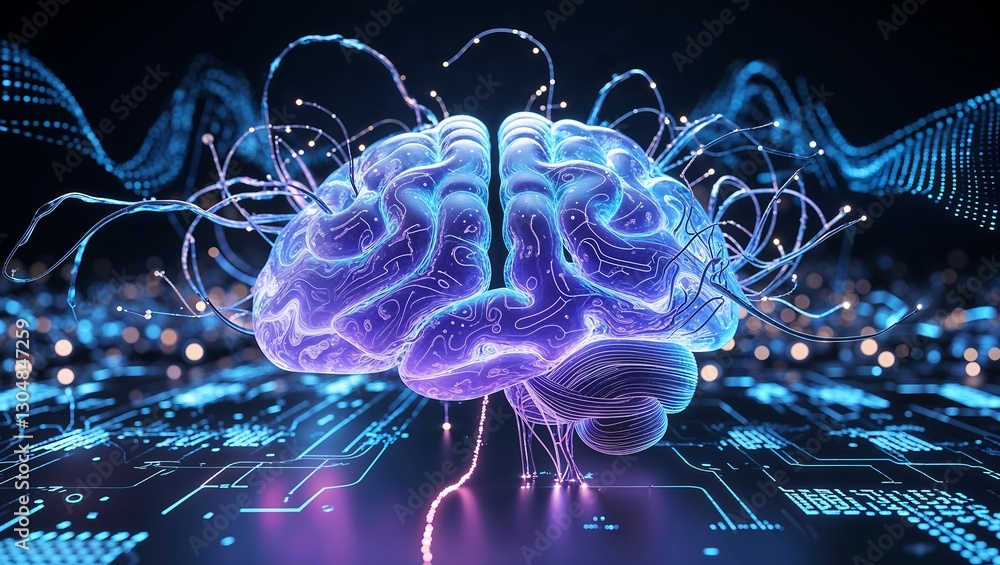 Poster futuristic ai brain with neural networks and digital data visualization