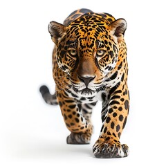 Obraz premium Jaguar Prowl: A majestic jaguar, its golden-brown fur intricately patterned with black rosettes, strides forward with a captivating gaze, its powerful presence radiating confidence and wilderness.