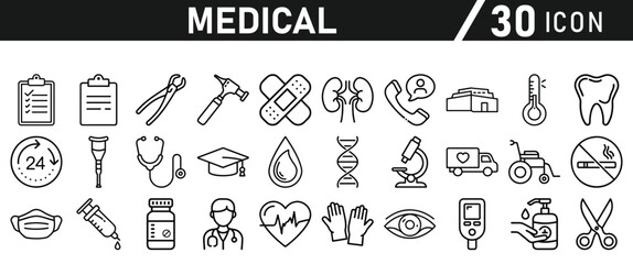 Healthcare vector icon set. Contains Healthcare And Medicine, Doctor, Telemedicine, Medical Exam, Electrocardiography, First Aid, Ambulance. Vector illustration