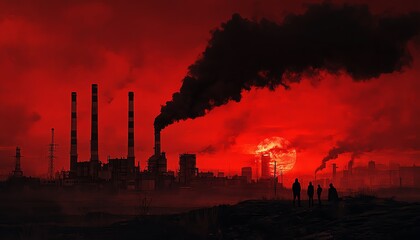 Obraz premium Factory silhouette against a fiery red background