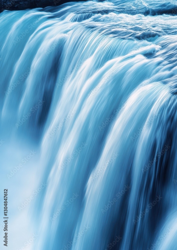 Poster dynamic flow of cascading water over rocks in serene natural setting captured with vibrant blue tone