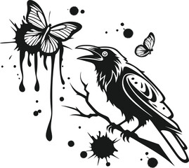 Bold crow and butterfly design with ink splatters