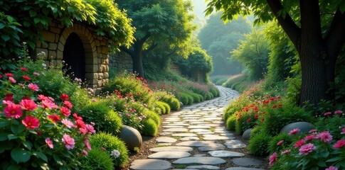 Obraz premium Ancient stone road meanders through vibrant garden, beauty, nature, winding