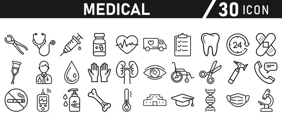Naklejka premium Healthcare vector icon set. Contains Healthcare And Medicine, Doctor, Telemedicine, Medical Exam, Electrocardiography, First Aid, Ambulance. Vector illustration