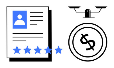 Resume profile image with five-star rating, dollar coin symbolizing monetary value, and balance scale for fairness in assessment. Ideal for recruitment, evaluation, HR, finance, fairness, quality