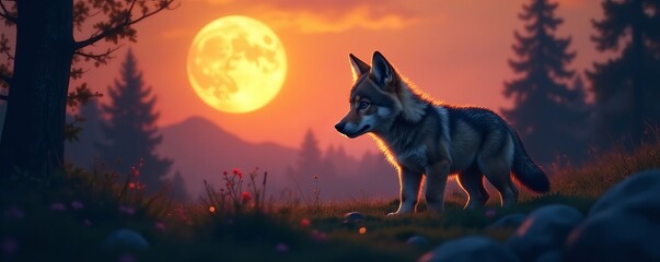Fototapeta premium Adorable baby wolf exploring under the moon's glow in the wilderness, wolf, moonlight, wilderness