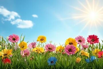 Fototapeta premium A vibrant field bursts with colorful blossoms, their petals kissed by sunlight, creating a symphony of colors. A dreamy garden oasis