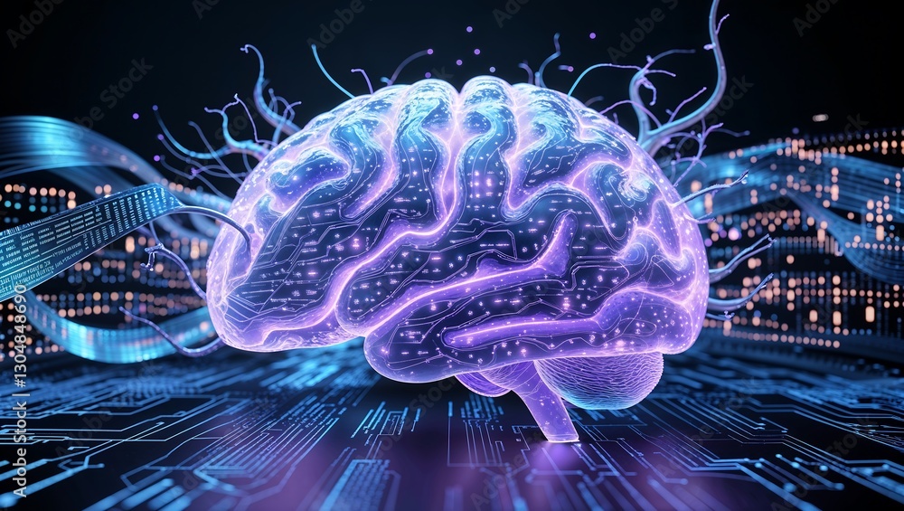 Poster futuristic ai brain with neural networks and digital data visualization