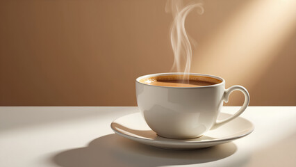 Obraz premium A steaming cup of coffee sits on a white saucer against a warm, neutral background, exuding a cozy and inviting atmosphere.
