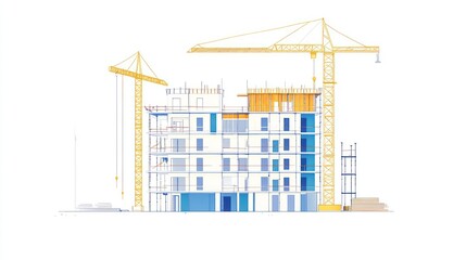 Construction site, building under construction, cranes, blueprints, architectural project, background