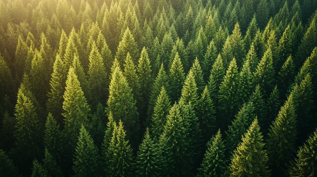 sun-dappled pine trees in a lush forest, aerial view with soft-focus lighting