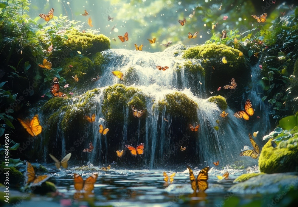 Poster enchanting scene of a waterfall surrounded by lush greenery and colorful butterflies in a serene for