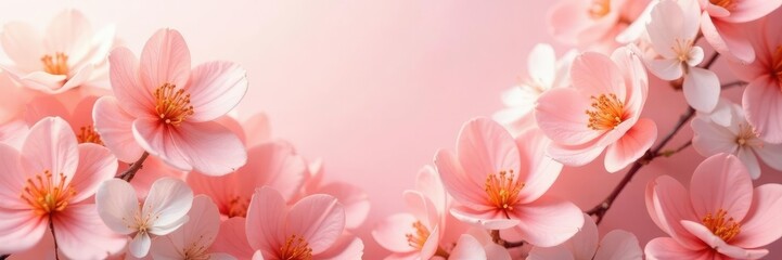 Fototapeta premium Soft pink hues and delicate white calcite combine to create a visually stunning composition featuring an assortment of apricot-colored blooms, soft pink background, copy space, bloom