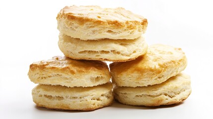 Freshly baked buttermilk biscuits arranged on a white background, showcasing their golden, flaky texture and soft interior. A delicious, comforting treat perfect for any meal or snack.
