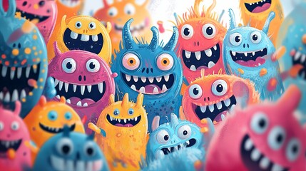 Happy Colorful Monsters Crowd Together Joyfully