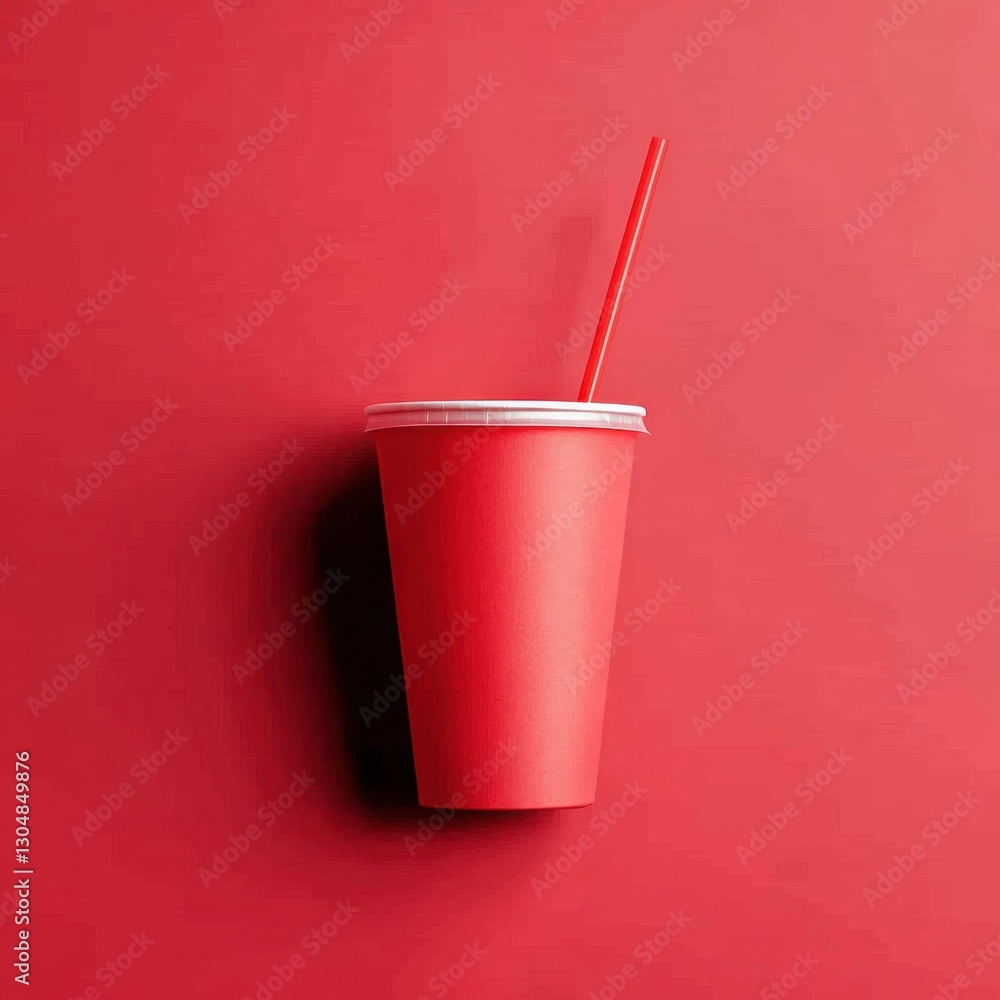 Poster minimalist red paper cup with straw on matching background creating a vibrant and refreshing visual 