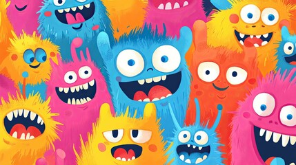 Obraz premium Happy Colorful Fuzzy Monsters Crowd Together