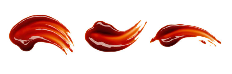 Three artistic smears of glossy red sauce with smooth, rich texture, reflecting light, isolated on a transparent background.