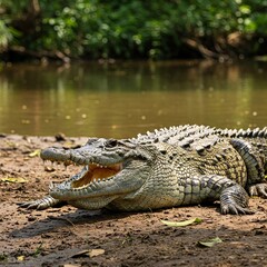 Obraz premium Crocodile Basking in Sunlight on a Riverbank, Wildlife Photography
