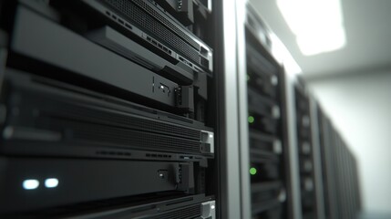 a focused view showcasing rows of data servers displaying lit indicators in a modern data center providing network computing infrastructure support