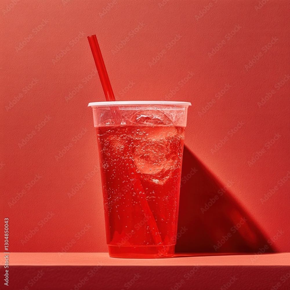Poster refreshing red soda with ice cubes and straw against a vibrant red background in a studio shot