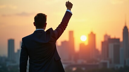 Fototapeta premium Man in a suit is raising his fist in the air, with the sun in the background. Concept of triumph and success